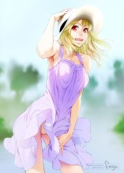 Rule 34 | 1girl, :d, armpits, artist name, bare shoulders, blonde hair, blurry, blurry background, breasts, commentary, day, dress, feguimel, hand on headwear, hat, leaning forward, long hair, medium breasts, open mouth, original, outdoors, panties, pantyshot, red eyes, smile, solo, standing, sun hat, sundress, twitter username, underwear, watermark, web address, white dress, wind, wind lift, yellow panties