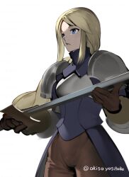 Rule 34 | 1girl, agrias oaks, akisa yositake, armor, blonde hair, blue eyes, braid, braided ponytail, breastplate, brown gloves, final fantasy, final fantasy tactics, gloves, highres, holding, holding sword, holding weapon, knight, long hair, looking to the side, shoulder armor, simple background, single braid, sword, weapon, white background