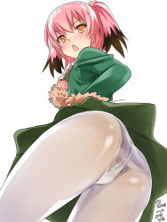 Rule 34 | 1girl, ass, black hair, blush, colored tips, commentary request, dated, fur-trimmed sleeves, fur trim, green skirt, highres, jacket, kantai collection, kunashiri (kancolle), multicolored hair, open mouth, orange eyes, panties, pantyhose, pink hair, pleated skirt, see-through, short hair, simple background, skirt, solo, striped clothes, striped panties, takase muh, two-tone hair, two side up, underwear, white background, white pantyhose