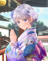 Rule 34 | 1girl, akasaka asa, back bow, blue eyes, blue flower, blush, bow, building, closed mouth, commentary request, day, floral print, flower, from side, hair flower, hair ornament, hatsumoude, japanese clothes, kimono, large bow, long sleeves, looking at viewer, looking to the side, new year, original, outdoors, own hands together, praying, print kimono, purple bow, purple kimono, short hair, shrine, silver hair, smile, solo, upper body, white flower, wide sleeves, yukata