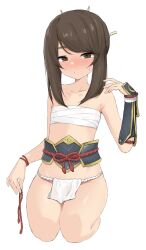 Rule 34 | 1girl, bare shoulders, blush, bracelet, bracer, brown eyes, brown hair, closed mouth, dot mouth, dot nose, embarrassed, fundoshi, hand up, highres, japanese clothes, jewelry, looking at viewer, monster hunter (series), monster hunter rise, pelvic curtain, petite, seiza, sidelocks, simple background, sitting, solo, white background, yakihebi, yomogi (monster hunter)