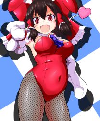 Rule 34 | &gt;:d, 1girl, :d, armpits, belly, big belly, black hair, black pantyhose, blush, bow, breasts, brown hair, detached sleeves, fishnet pantyhose, fishnets, hair bow, hair tubes, hakurei reimu, heart, highres, large bow, large breasts, leotard, looking at viewer, navel, nioti, open mouth, pantyhose, playboy bunny, plump, rabbit girl, red eyes, smile, solo, touhou, v-shaped eyebrows