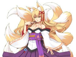 Rule 34 | 1girl, aged up, animal ear fluff, animal ears, bare shoulders, blonde hair, bmp-to-png conversion, breasts, chest tattoo, cleavage, collarbone, cowboy shot, eyeshadow, folding fan, fox ears, fox girl, fox tail, game cg, green eyes, hair between eyes, hakama, hakama skirt, half-closed eyes, hand fan, hand on own hip, holding, holding fan, japanese clothes, jingai modoki, kimono, kitsune, large breasts, light frown, long hair, looking at viewer, makeup, mon-musu quest!, monster girl, multiple tails, neck tattoo, non-web source, obi, parted lips, purple hakama, purple sash, raised eyebrow, red eyeshadow, sash, simple background, skirt, slit pupils, solo, spoilers, sweatdrop, tail, tamamo (mon-musu quest!), tattoo, transparent background, very long hair, white kimono, wide sleeves
