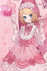 Rule 34 | 1girl, :p, artist request, blonde hair, blue eyes, bow, cherry, cherry blossom background, cherry blossoms, cowboy shot, cropped, cupcake, dress, floral background, flower, food, fruit, grid background, hair ribbon, heart, highres, holding, holding food, holding staff, kagamine rin, licking lips, looking at viewer, maid, maid headdress, pink background, pink bow, pink dress, pink ribbon, pink theme, ribbon, short hair, smile, solo, staff, third-party edit, third-party source, grid background, tongue, tongue out, upper body, vocaloid, white sleeves
