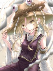 Rule 34 | 1girl, :d, absurdres, adapted costume, blonde hair, blurry, blush, commentary request, depth of field, detached sleeves, eyebrows hidden by hair, hair between eyes, hat, highres, light particles, long hair, looking at viewer, moriya suwako, open mouth, purple skirt, purple vest, rope, shimenawa, skirt, smile, solo, touhou, tqg 07, vest, yellow eyes