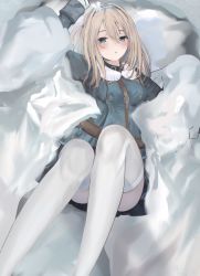 Rule 34 | 1girl, :o, absurdres, belt, blonde hair, blue coat, blue eyes, blue hairband, blue jacket, blush, breasts, coat, feet out of frame, girls&#039; frontline, hairband, highres, jacket, legs up, long hair, looking at viewer, lying, mimi ari mimi nashi mimi mimi, open mouth, snow, solo, suomi (girls&#039; frontline), thighhighs, white thighhighs, winter