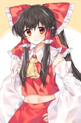 Rule 34 | 1girl, ascot, bad id, bad pixiv id, bare shoulders, black hair, blush, bow, cheunes, closed mouth, collared shirt, crop top, crop top overhang, detached sleeves, frilled shirt collar, frills, frown, hair bow, hair tubes, hakurei reimu, hands on own hips, highres, long hair, long sleeves, looking at viewer, midriff, midriff peek, navel, ponytail, red bow, red eyes, red shirt, red skirt, shirt, sidelocks, skirt, skirt set, sleeves past wrists, solo, touhou, two-tone background, upper body, white background, wide sleeves, yellow ascot, yellow background