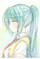 Rule 34 | 1girl, closed mouth, commentary request, from side, gradient background, green eyes, green hair, high ponytail, highres, higurashi no naku koro ni, lone nape hair, long hair, looking to the side, necktie, painting (medium), partial commentary, ponytail, profile, red necktie, school uniform, shirt, short sleeves, solo, sonozaki mion, sweet miuk tea, traditional media, twitter username, vest, watercolor (medium), white shirt, wing collar, yellow vest
