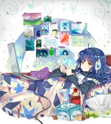 Rule 34 | 1girl, ahoge, artist name, bedroom, blue hair, cellphone, commentary request, computer, expressionless, headphones, highres, hishiuma, hood, hoodie, laptop, long sleeves, lying, on back, original, phone, pillow, postcard, soda bottle, solo, tissue box, under covers, yellow eyes