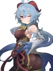 Rule 34 | 1girl, absurdres, ahoge, ass, bare shoulders, bell, blue gloves, blue hair, bodystocking, bodysuit, bow, breasts, brown legwear, chinese knot, detached sleeves, flower knot, from side, ganyu (genshin impact), genshin impact, gloves, gold trim, highres, horns, liuli yuanxiaoniao, long hair, looking at viewer, low ponytail, medium breasts, neck bell, parted lips, purple eyes, sideboob, sidelocks, solo, standing, tassel, thighlet, white background, white sleeves
