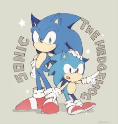 Rule 34 | english text, gloves, green eyes, hand on another&#039;s head, hedgehog, male focus, multiple persona, pointing, red footwear, rento (rukeai), sideways mouth, smile, sonic the hedgehog, sonic (series), star (symbol), title, white gloves