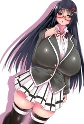Rule 34 | 1girl, black hair, black jacket, black thighhighs, blazer, blush, breasts, collared shirt, cropped legs, curvy, dutch angle, female focus, gigantic breasts, glasses, hair ornament, hand up, huge breasts, impossible clothes, jacket, long hair, long sleeves, looking at viewer, miniskirt, neck ribbon, open mouth, red-framed eyewear, red eyes, red ribbon, ribbon, school uniform, semi-rimless eyewear, shadow, shirt, simple background, skirt, solo, souma (ordures), standing, thick thighs, thighhighs, thighs, under-rim eyewear, uniform, very long hair, white background, white shirt, white skirt, wide hips, zettai ryouiki