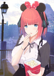 Rule 34 | 1girl, absurdres, bag, belt, black shirt, black skirt, blue eyes, blue nails, bracelet, breasts, butterfly hair ornament, cleavage, cup, day, disneyland, disposable cup, fence, food, frilled shirt, frills, go-toubun no hanayome, hair ornament, high-waist skirt, highres, holding, holding food, jewelry, kzm (cookie-eluza), lamppost, large breasts, looking at viewer, minnie mouse ears, multicolored nails, nail polish, nakano nino, open mouth, outdoors, pink nails, pond, popcorn, shirt, short hair, short sleeves, shoulder bag, skirt, two-tone shirt, upper body