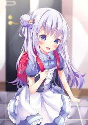 Rule 34 | 1girl, :d, absurdres, apron, backpack, bad id, bad pixiv id, bag, bear hair ornament, blue ribbon, blurry, blurry background, blush, bow, commentary request, depth of field, door, hair bow, hair bun, hair ornament, hand up, head tilt, highres, holding, indoors, long hair, looking at viewer, open mouth, original, puffy short sleeves, puffy sleeves, purple bow, purple eyes, purple hair, purple shirt, purple skirt, randoseru, ribbon, shirt, short sleeves, side bun, single hair bun, single side bun, skirt, smile, solo, standing, star (symbol), tile floor, tiles, tsuruse, very long hair, waist apron, white apron