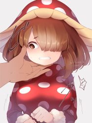 Rule 34 | + +, 1girl, 1other, artist name, blush, boku no hero academia, breasts, brown eyes, brown hair, chikuwa savy, clenched teeth, commentary request, dress, fur-trimmed sleeves, fur trim, hair over one eye, hand on another&#039;s chin, hands up, hat, highres, komori kinoko, large breasts, long sleeves, mushroom, mushroom hat, polka dot, polka dot dress, simple background, solo focus, sweatdrop, symbol-shaped pupils, teeth, translation request, upper body, x-shaped pupils
