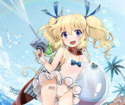Rule 34 | 1girl, alternate costume, anchor symbol, artist name, ball, bare shoulders, bird, blonde hair, blue bow, blue eyes, blue ribbon, blue sky, bow, bracelet, bubble, building, carrying, carrying under arm, casual one-piece swimsuit, cloud, coconut tree, collarbone, cowboy shot, curly hair, day, fang, fishing, frilled swimsuit, frills, glowworm (warship girls r), hair between eyes, hair over shoulder, hair ribbon, hand up, holding, holding ball, jewelry, looking at viewer, mtyy, ocean, one-piece swimsuit, open mouth, outdoors, palm tree, red scarf, ribbon, scarf, seagull, see-through, short twintails, sky, smile, solo, spraying, striped clothes, striped ribbon, striped scarf, sunlight, swimsuit, torpedo, translucent, tree, twintails, warship girls r, water gun, white one-piece swimsuit