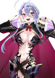 Rule 34 | 1girl, absurdres, ahoge, azur lane, black nails, blush, breasts, cape, center opening, cross hair ornament, crossed bangs, facial mark, foch (azur lane), foch (meta) (azur lane), hair ornament, hands up, highres, holding, holding knife, knife, large breasts, long bangs, medium hair, mianbaoren, navel, open mouth, pink eyes, purple hair, red cape, red ribbon, revealing clothes, ribbon, simple background, smile, solo, stomach, white background