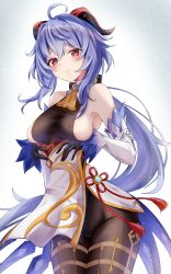 Rule 34 | 1girl, ahoge, areola slip, armpits, bare shoulders, bell, black gloves, blue hair, blush, bodysuit, breasts, covered erect nipples, detached sleeves, ganyu (genshin impact), genshin impact, gloves, goat horns, gold trim, highres, horns, large breasts, leotard, leotard under clothes, long hair, looking at viewer, neck bell, pantyhose, purple eyes, shihaku rare, sideboob, simple background, solo, white background