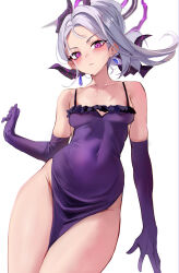 Rule 34 | 1girl, absurdres, blue archive, breasts, cleavage, covered navel, demon girl, demon horns, dress, elbow gloves, gloves, halo, highres, hina (blue archive), horns, jewelry, looking at viewer, pelvic curtain, pendant, purple dress, purple eyes, purple gloves, solo, stone (ksorede), water drop, white hair
