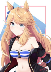 Rule 34 | 1girl, absurdres, animal ears, bandeau, belt, black choker, black jacket, blonde hair, blue eyes, blush, bow, breasts, chain, choker, cleavage, closed mouth, collarbone, commentary request, commission, denim, denim shorts, ear bow, ear ornament, gold chain, gold city (umamusume), goom (goomyparty), highres, horse ears, horse girl, jacket, long hair, long sleeves, looking at viewer, medium breasts, midriff, navel, off shoulder, open clothes, open jacket, partial commentary, shorts, sidelocks, single bare shoulder, skeb commission, solo, standing, striped bandeau, swept bangs, umamusume, upper body, white background