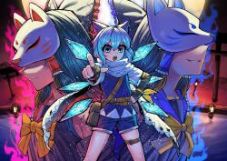 Rule 34 | 3girls, alternate color, alternate costume, aura, bag, black hair, blue bow, blue eyes, blue hair, bow, bowtie, chinese commentary, cirno, closed mouth, commentary request, detached sleeves, dual persona, fox mask, frilled bow, frilled hair tubes, frills, hair bow, hair tubes, hakurei reimu, hand on own hip, heran hei mao, ice, ice wings, leg belt, long hair, looking at viewer, mask, multiple girls, open mouth, pointing, pointing at viewer, scarf, shorts, shoulder bag, smile, textless version, torii, touhou, touhou hero of ice fairy, white scarf, wings, yellow bow, yellow bowtie