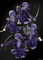 Rule 34 | 1girl, absurdres, arrow (projectile), bernadetta von varley, bike shorts, bow (weapon), closed mouth, dated, dress, earrings, fire emblem, fire emblem: three houses, flower, from side, gloves, grey eyes, highres, holding, holding bow (weapon), holding weapon, jewelry, long sleeves, multiple views, nintendo, parted lips, purple hair, quiver, shimizu kazunari, short dress, weapon, yellow gloves
