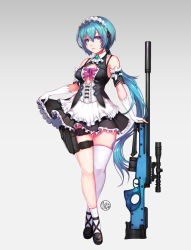 Rule 34 | 1girl, ai arctic warfare, bare shoulders, black footwear, black skirt, blue eyes, blue hair, bolt action, breasts, cleavage cutout, closed mouth, clothes lift, clothing cutout, cross-laced clothes, cross-laced cutout, fingerless gloves, full body, gloves, gun, hair between eyes, holster, lifting own clothes, long hair, low ponytail, maid, maid headdress, medium breasts, original, rifle, scope, shoes, single thighhigh, skirt, skirt lift, sniper rifle, solo, standing, thigh holster, thighhighs, very long hair, weapon, white gloves, white thighhighs, wookyung