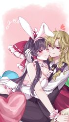 Rule 34 | 2girls, absurdres, alternate costume, animal ears, black hair, blonde hair, bow, braid, breasts, bunny day, cleavage, commentary request, detached collar, fake animal ears, fake tail, frilled bow, frilled hair tubes, frills, gloves, hair bow, hair tubes, hakurei reimu, heart, highres, hug, kirisame marisa, leotard, long hair, long sleeves, mito (fate), multiple girls, no headwear, one eye closed, playboy bunny, rabbit ears, rabbit tail, red bow, red eyes, side braid, signature, single braid, smile, strapless, strapless leotard, tail, touhou, white gloves, white leotard, wrist cuffs, yuri