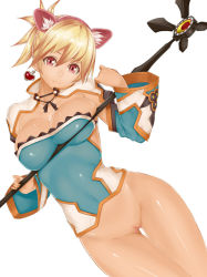 Rule 34 | 1girl, animal ears, blonde hair, blouse, bottomless, breasts, cat ears, clitoris, fantasy earth zero, green shirt, head tilt, highres, pussy, red eyes, shirt, short hair, simple background, solo, staff, standing, toshi makoto, uncensored, white background