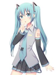 Rule 34 | 00s, 1girl, aqua eyes, blush, detached sleeves, hatsune miku, index finger raised, looking at viewer, matching hair/eyes, mylovelydevil, necktie, open mouth, simple background, solo, standing, transparent background, twintails, vocaloid, white background
