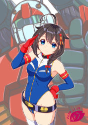 Rule 34 | 1girl, ahoge, artist logo, belt, black hair, blue eyes, blue leotard, braid, breasts, commentary request, cosplay, cowboy shot, dated, elbow gloves, gloves, guncannon, gundam, gundam card builder, hair flaps, hair ornament, hair over shoulder, kantai collection, leotard, long hair, looking at viewer, mecha, moke ro, multicolored clothes, multicolored gloves, race queen, red gloves, reiko holinger, reiko holinger (cosplay), robot, salute, shigure (kancolle), single braid, small breasts, solo, standing, zoom layer