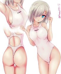Rule 34 | 10s, 1girl, alternate costume, armpits, ass, bad id, bad pixiv id, blue eyes, breasts, cameltoe, collarbone, eyebrows, franz (217franz), from behind, hair ornament, hair over one eye, hairclip, hamakaze (kancolle), highleg, highleg swimsuit, highres, kantai collection, large breasts, leotard, looking at viewer, multiple views, one-piece swimsuit, open mouth, short hair, sideboob, silver hair, simple background, swimsuit, thigh gap, thong one-piece swimsuit, twitter username, upper body, white background, white one-piece swimsuit