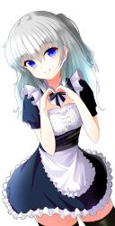 Rule 34 | 1girl, alternate costume, apron, black shirt, black skirt, black thighhighs, blue eyes, charlotte (anime), commentary, commission, cowboy shot, enmaided, eyes visible through hair, frilled apron, frills, grey hair, grin, hair between eyes, hands up, heart, heart hands, highres, light blush, long hair, looking at viewer, maid, maid apron, puffy short sleeves, puffy sleeves, shirt, short sleeves, sidelighting, sidelocks, simple background, skirt, smile, solo, thighhighs, tomori nao, white apron, white background, yoanium, zettai ryouiki