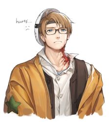 Rule 34 | 1boy, america (hetalia), axis powers hetalia, deep wound, english text, frown, guro, halloween costume, hockey mask, injury, male focus, mask, mask on head, official alternate costume, orange hair, tearing up, to@st, upper body