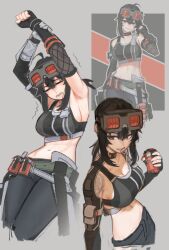 Rule 34 | 1girl, adjusting hair, ahoge, armpits, belt, black gloves, black hair, black pants, breasts, cleavage, closed eyes, commentary, crop top, english commentary, explosive, fingerless gloves, gloves, goggles, goggles on head, grace howard, grenade, grenade pin in mouth, grey background, grin, hair between eyes, halfbakelim, highres, holding, holding grenade, large breasts, looking at viewer, medium hair, midriff, multiple views, navel, no ahoge, pants, pouch, red eyes, reference inset, shoulder tattoo, sideboob, simple background, smile, solo, stretching, tattoo, tears, thigh pouch, torn clothes, zenless zone zero, zipper