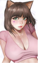 Rule 34 | 1girl, absurdres, animal ears, breasts, brown hair, cat ears, cat girl, chain, cleavage, closed mouth, crop top, eyelashes, facial mark, gold, gold chain, green eyes, highres, jewelry, large breasts, lips, looking at viewer, necklace, nose, pink shirt, randy (awesomevillage), shirt, short sleeves, simple background, solo, star (symbol), stomach, upper body, white background