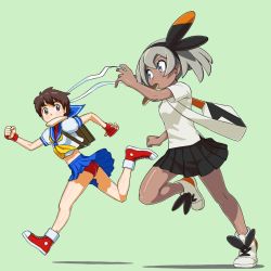 Rule 34 | 2girls, backpack, bag, bea (pokemon), black hairband, blue eyes, blue skirt, blush, bread, bread slice, brown eyes, brown hair, clenched hand, commentary request, creatures (company), crossover, dark-skinned female, dark skin, eye contact, eyelashes, food, food in mouth, game freak, green background, grey hair, hairband, hand up, headband, highres, kasugano sakura, knees, looking at another, mouth hold, multiple girls, nintendo, pokemon, pokemon swsh, running, shiny skin, shirt, shoes, short sleeves, skirt, sneakers, street fighter, tsuichi, white shirt