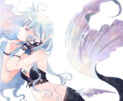 Rule 34 | 1girl, ahoge, blue hair, bracelet, breasts, cleavage, closed eyes, from side, hato rami, jewelry, lingerie, long hair, mermaid, midriff, monster girl, original, parted lips, small breasts, solo, tattoo, tears, underwear, white background