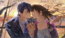 Rule 34 | 1boy, 1girl, aria yin, blue jacket, blue necktie, brown hair, closed eyes, closed mouth, cloud, cloudy sky, collared shirt, dress, earrings, formal, gloves, highres, imminent kiss, jacket, jewelry, long hair, long sleeves, marius von hagen (tears of themis), necklace, necktie, outdoors, purple dress, purple hair, rosa (tears of themis), shirt, short hair, single glove, sky, sun, sunset, tears of themis, white gloves, white shirt