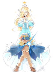 Rule 34 | 1boy, 1girl, ankle boots, arm cannon, artist name, blonde hair, blue cape, blue dress, blue headwear, boots, brown eyes, brown footwear, cape, closed eyes, closed mouth, commentary, doll, doll joints, dress, earrings, english commentary, full body, geno (mario), hair over one eye, hat, highres, jewelry, joints, long dress, long hair, long sleeves, mario (series), nintendo, off-shoulder dress, off shoulder, pink lips, rosalina, simple background, smile, sparkle, star (symbol), star earrings, super mario galaxy, super mario rpg, vanasplity, weapon, white background