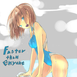 Rule 34 | 1girl, bad id, bad pixiv id, blue eyes, brown hair, competition swimsuit, english text, engrish text, momi, one-piece swimsuit, original, ranguage, short hair, solo, swimsuit, typo, wet