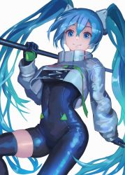 Rule 34 | 1girl, asymmetrical bodysuit, blue bodysuit, blue eyes, blue hair, bodysuit, crop top, crop top overhang, cropped jacket, eyebrows hidden by hair, goodsmile racing, hatsune miku, headphones, highres, holding, holding pole, long hair, long sleeves, navel, pole, racing miku, racing miku (2022), saburou (jako), single thighhigh, skin tight, skindentation, smile, solo, thighhighs, twintails, two-tone gloves, very long hair, vocaloid