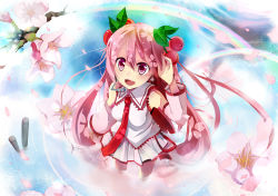 Rule 34 | 1girl, alternate color, alternate hair color, bad id, bad pixiv id, bare shoulders, cherry, cherry blossoms, detached sleeves, flower, food, from above, fruit, hatsune miku, headset, long hair, looking up, name connection, necktie, object namesake, open mouth, petals, pink eyes, pink hair, pleated skirt, ripples, sakura miku, skirt, smile, solo, taicho128, thighhighs, twintails, vocaloid, wading, water