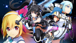 Rule 34 | &gt;:|, 3girls, :|, ahoge, armor, black hair, black legwear, blonde hair, blue eyes, blue hair, blush, braid, breasts, closed mouth, cosmic break, cosmic break 2, crimrose, elbow gloves, fighting stance, fiona (cosmic break), floating hair, gloves, glowing, hairband, halo, hand on own chest, headgear, highres, holding, holding weapon, huge weapon, impossible clothes, impossible leotard, jumping, large breasts, leg lift, leotard, long hair, looking at viewer, looking to the side, lunastasia, midriff, multiple girls, navel, neon trim, official art, official wallpaper, outline, over shoulder, purple eyes, red eyes, serious, short shorts, shorts, side ponytail, single braid, sky, space, star (sky), starry sky, sword, thigh gap, thighhighs, turtleneck, v-shaped eyebrows, very long hair, wallpaper, weapon, weapon over shoulder