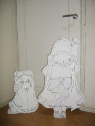 Rule 34 | 00s, 2girls, arm up, bow, character cutout, door, dress, from behind, full body, hinaichigo, long hair, long sleeves, multiple girls, paper, paper child, photo (medium), rozen maiden, shinku, simple background, standing, twintails, unconventional media, very long hair