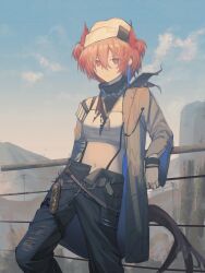 Rule 34 | 1girl, arknights, black pants, blue sky, commentary request, day, fiammetta (arknights), grey jacket, highres, jacket, long sleeves, midriff, navel, open clothes, open jacket, pants, pointy hair, red eyes, red hair, short hair, sky, solo, standing, stomach, strapless, suspenders, tube top, white headwear, yizhifeichaiqishi
