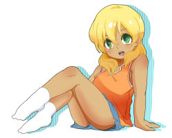 Rule 34 | 1boy, androgynous, bad id, bad pixiv id, blonde hair, full body, green eyes, inazuma eleven, inazuma eleven (series), long hair, male focus, miyasaka ryou, oddnoise, open mouth, shorts, simple background, smile, socks, solo, tan, trap, white background