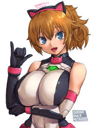Rule 34 | 1girl, amania orz, black gloves, breasts, brown hair, covered navel, elbow gloves, fumina avatar, gloves, green eyes, gundam build metaverse, hair between eyes, large breasts, looking at viewer, medium hair, open mouth, ponytail, simple background, sleeveless, smile, solo, tongue, upper body, white background