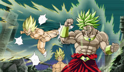 Rule 34 | aura, blonde hair, boots, broly (dragon ball z), clenched hand, dragon ball, dragonball z, earrings, eyebrows, fighting, jewelry, kicking, male focus, mcenroe, multiple boys, muscular, nude, topless male, son goku, spiked hair, super saiyan, sweat, sweatdrop, thick eyebrows, vegeta