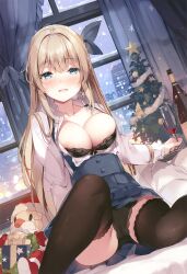Rule 34 | 1girl, absurdres, areola slip, black thighhighs, blonde hair, blue bow, blue bowtie, blue eyes, blue skirt, blush, bow, bowtie, bra, breasts, character request, christmas, cleavage, collared shirt, copyright request, hair ribbon, highres, large breasts, long hair, long sleeves, looking at viewer, miyase mahiro, nipple slip, nipples, open clothes, panties, pleated skirt, ribbon, shirt, sitting, skirt, solo, suspender skirt, suspenders, thighhighs, under skirt, underbust, underwear, white shirt